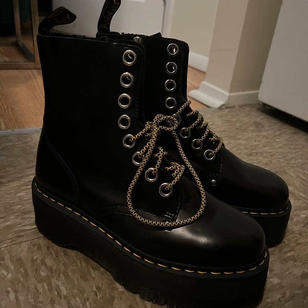 Dr. Martens Black Lace-Up Platform Boots with Yellow Accent Laces